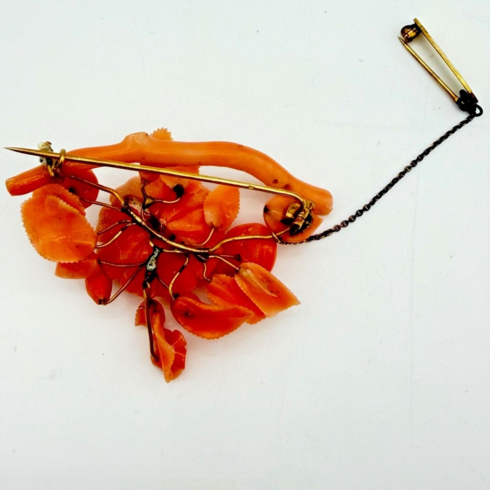 Antique Victorian Gold Angel Skin Coral Floral Bouquet Brooch C Clasp Dangle - Picture 2 of 16